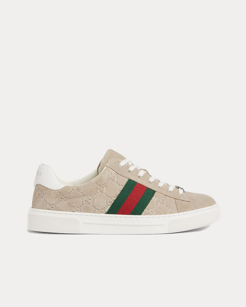 Gucci Ace with Web GG Suede Oatmeal Low Top Sneakers - 1