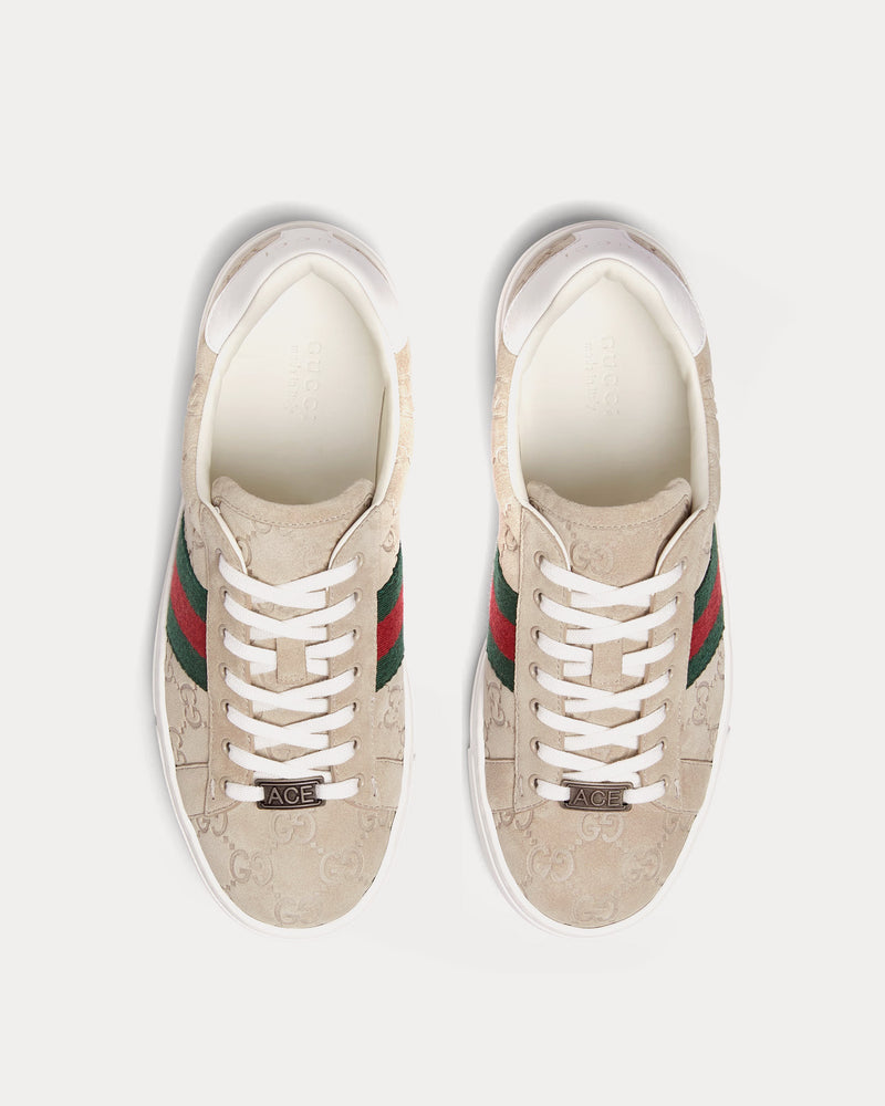 Gucci Ace with Web GG Suede Oatmeal Low Top Sneakers - 2