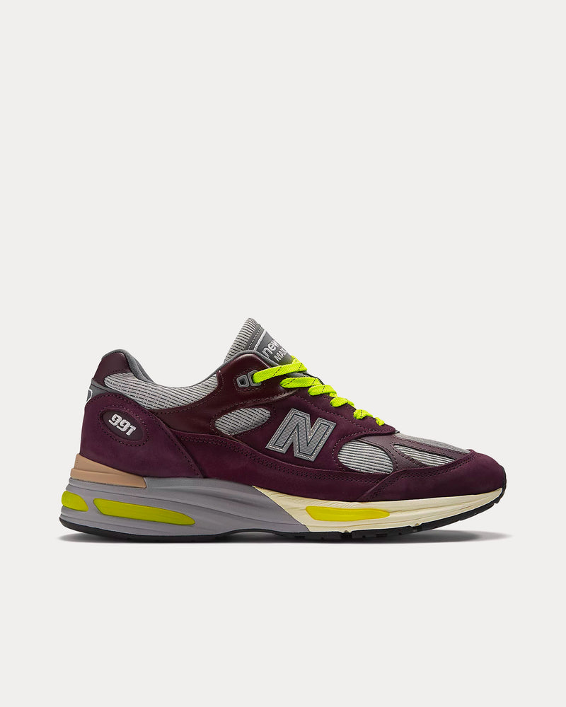 New Balance x Patta MADE in UK 991v2 Pickled Beet / Safety Yellow / Winetasting Low Top Sneakers - 1