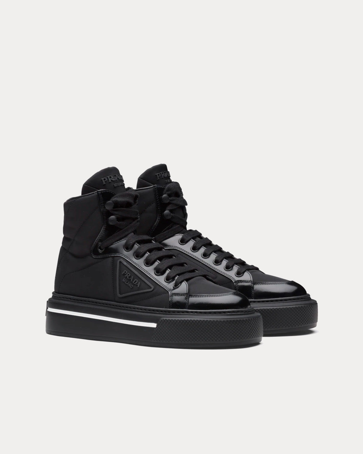 Prada Macro Re-Nylon & Brushed Leather Black High Top Sneakers - 3