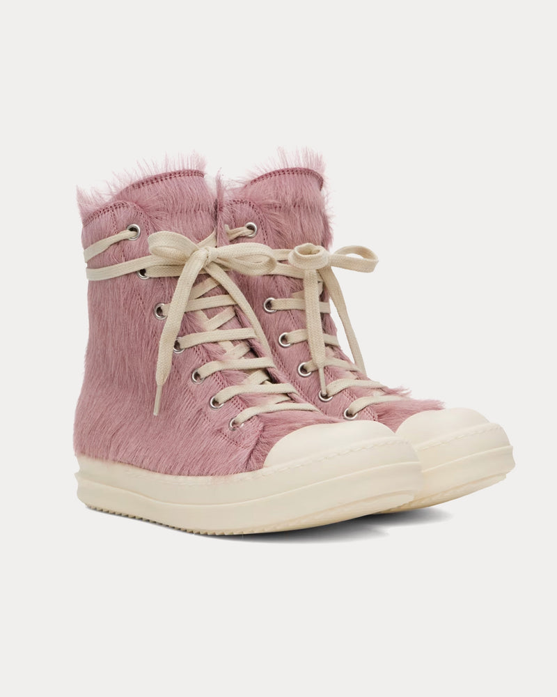 Rick Owens High Hair On Leather Dusty Pink / Milk / Milk High Top Sneakers - 2