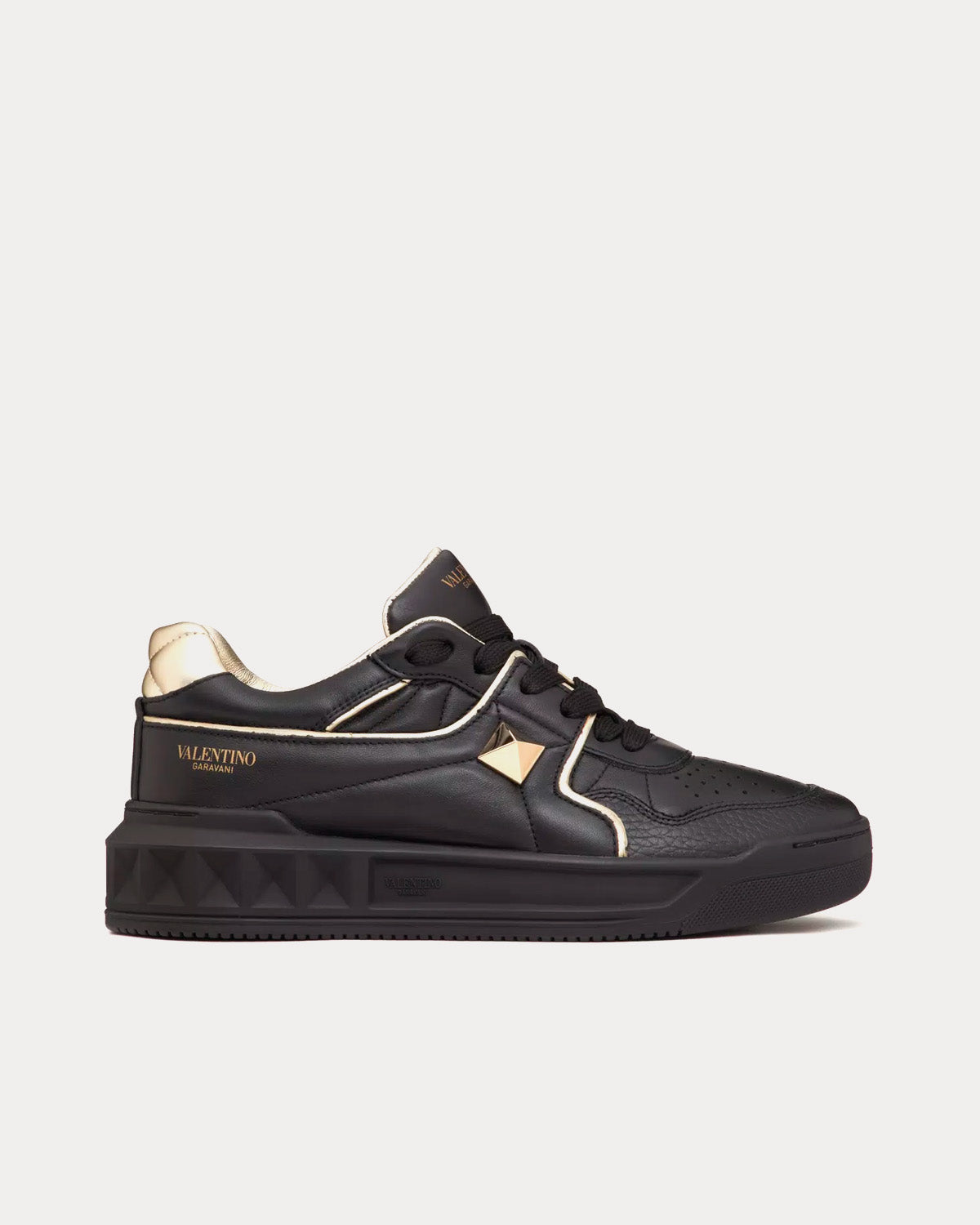 Valentino One Stud Calfskin Black / Platinum Low Top Sneakers - 1