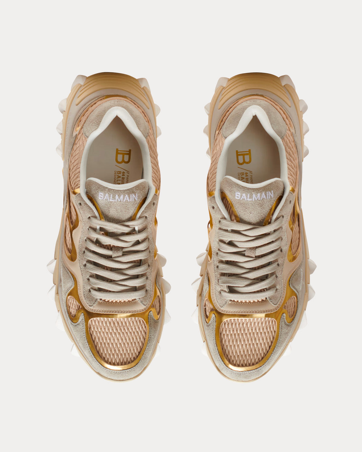 Balmain B-East Leather, Suede & Mesh Gold Low Top Sneakers - 2