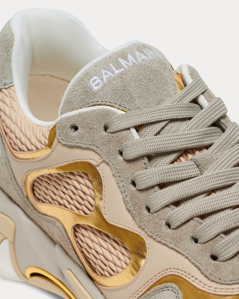 Balmain B-East Leather, Suede & Mesh Gold Low Top Sneakers - 5