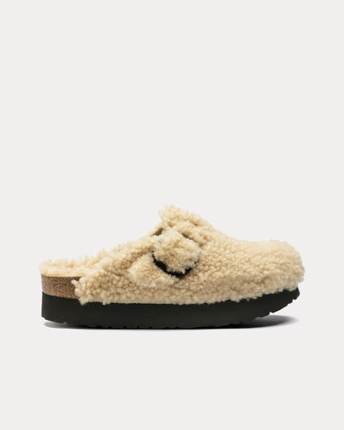 Birkenstock Boston Big Buckle Platform Shearling Teddy Eggshell Mules