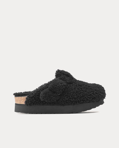 Birkenstock Boston Big Buckle Platform Shearling Teddy Black Mules