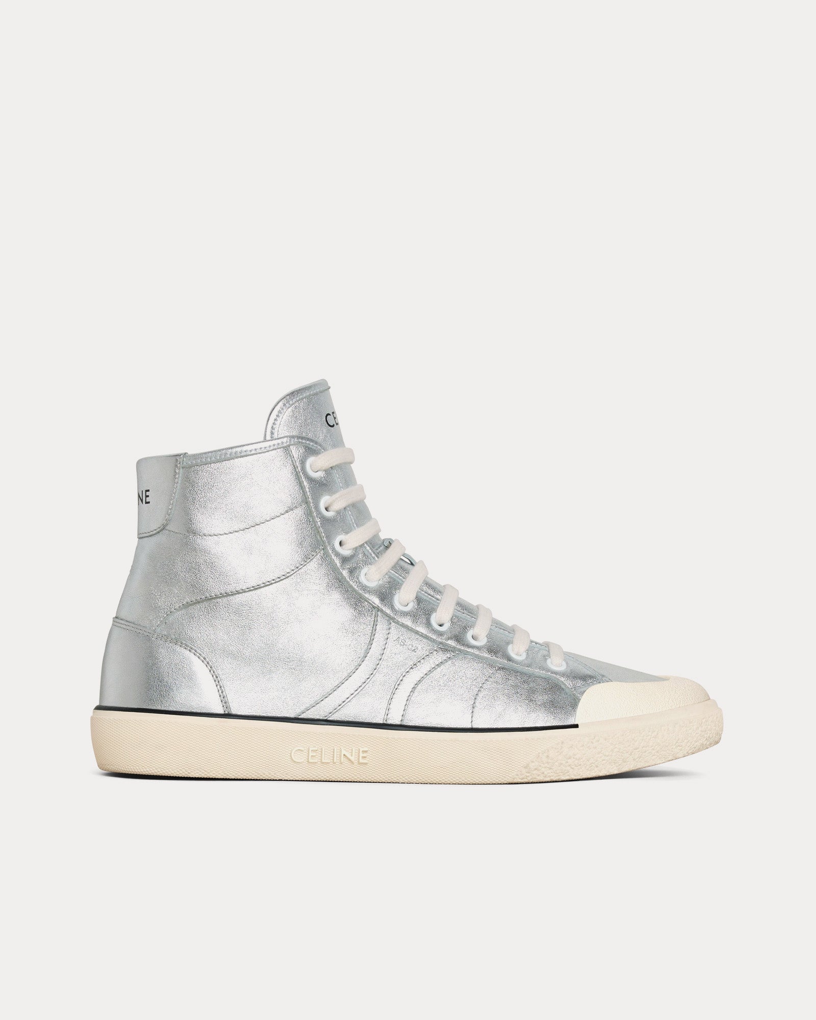 Celine AS-02 Alan Lace-Up Metalized Calfskin Silver Mid Top Sneakers - 1