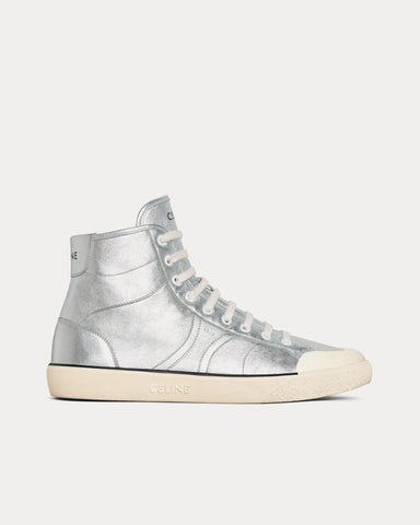 Celine AS-02 Alan Lace-Up Metalized Calfskin Silver Mid Top Sneakers