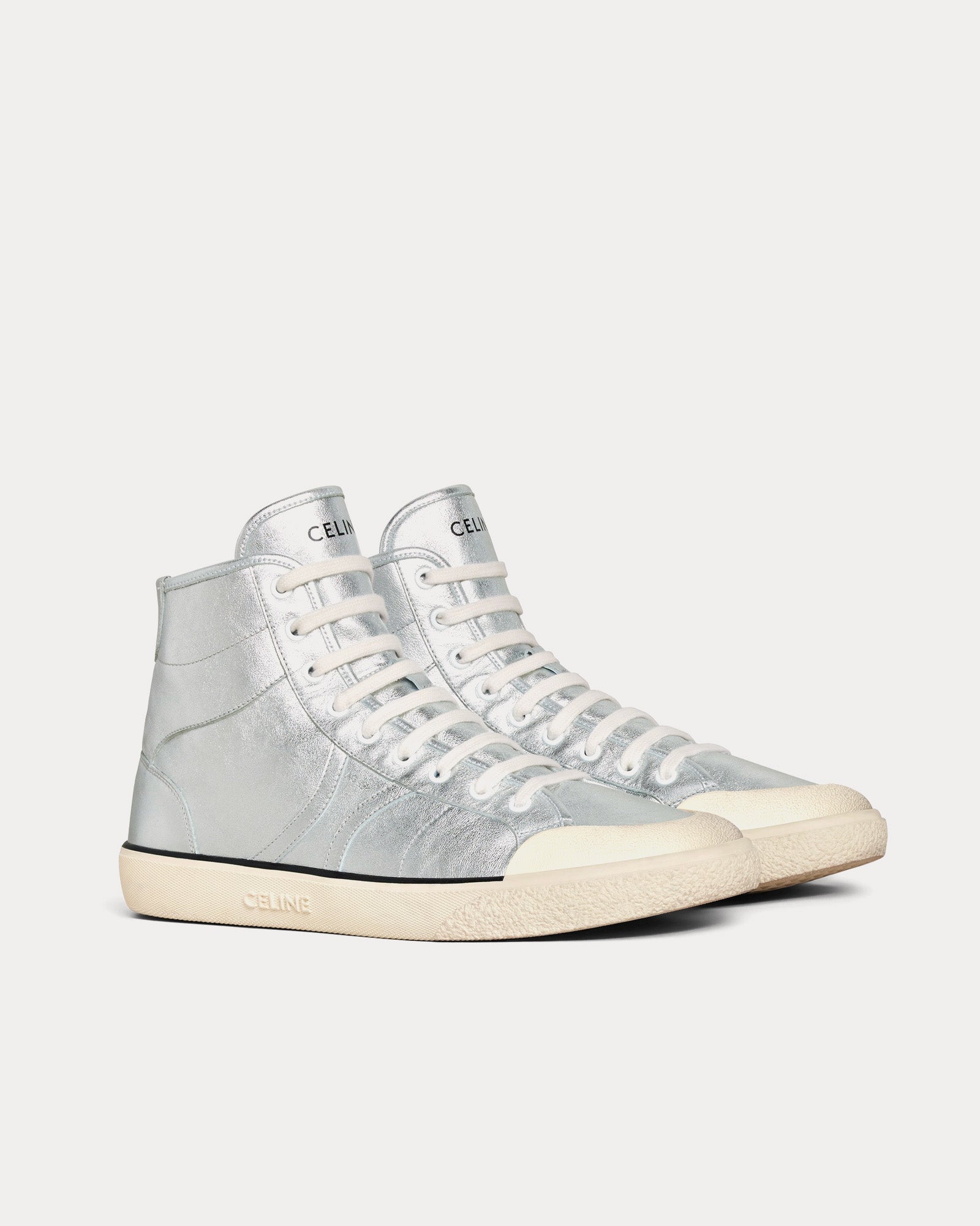 Celine AS-02 Alan Lace-Up Metalized Calfskin Silver Mid Top Sneakers - 2