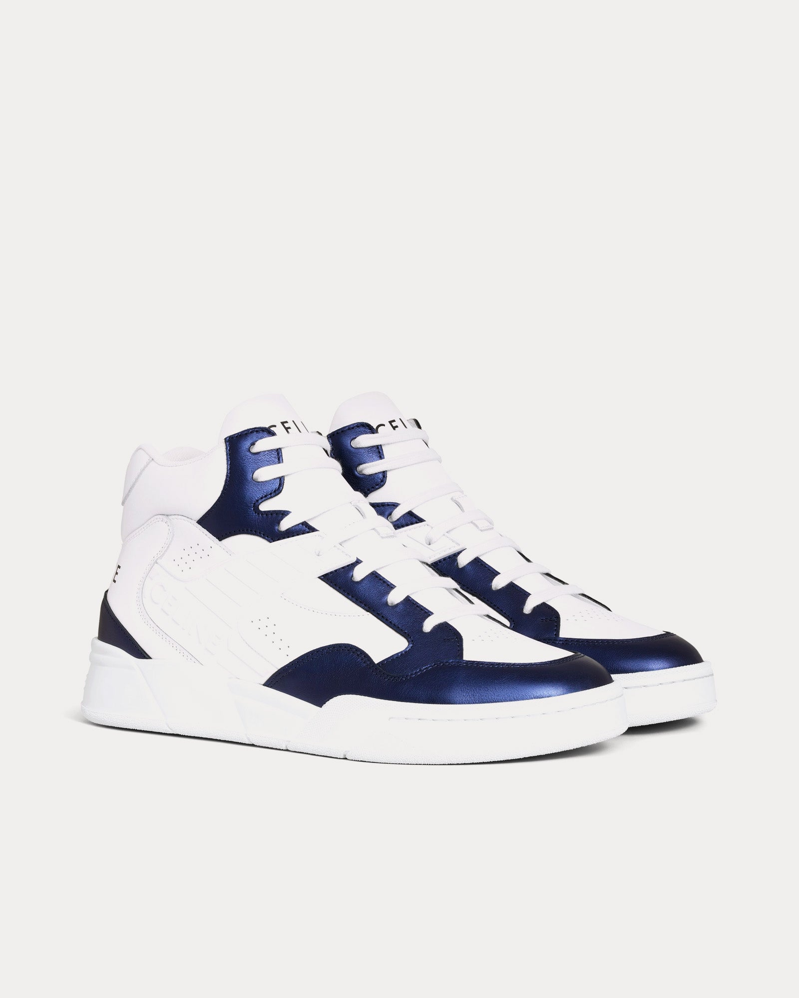 Celine CT-06 Calfskin & Metallic Calfskin Optic White / Blue High Top Sneakers - 2