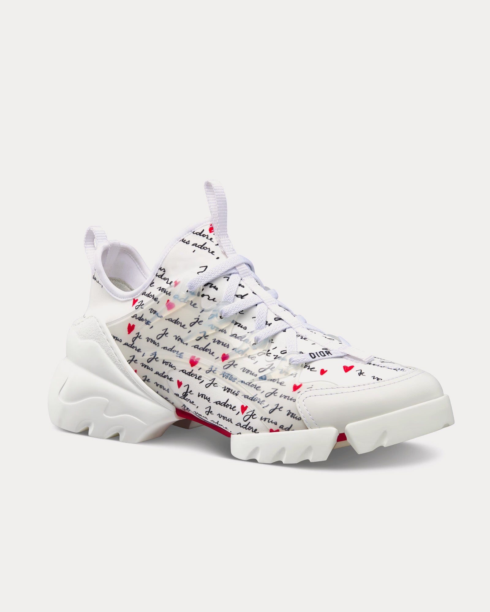 Dior D-Connect Dioramour White Technical Fabric Printed with Black and Red Je Vous Adore Motif Low Top Sneakers - 3