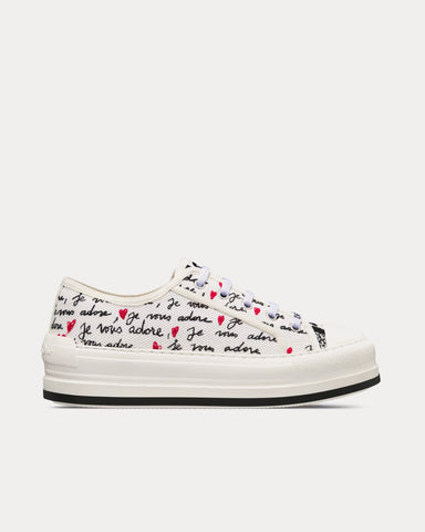 Dior Dioramour Walk'n'Dior Platform White Cotton with Embroidered Black and Red Je Vous Adore Motif Low Top Sneakers