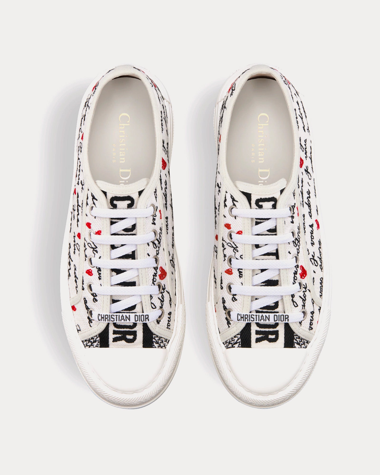 Dior Dioramour Walk'n'Dior Platform White Cotton with Embroidered Black and Red Je Vous Adore Motif Low Top Sneakers - 2