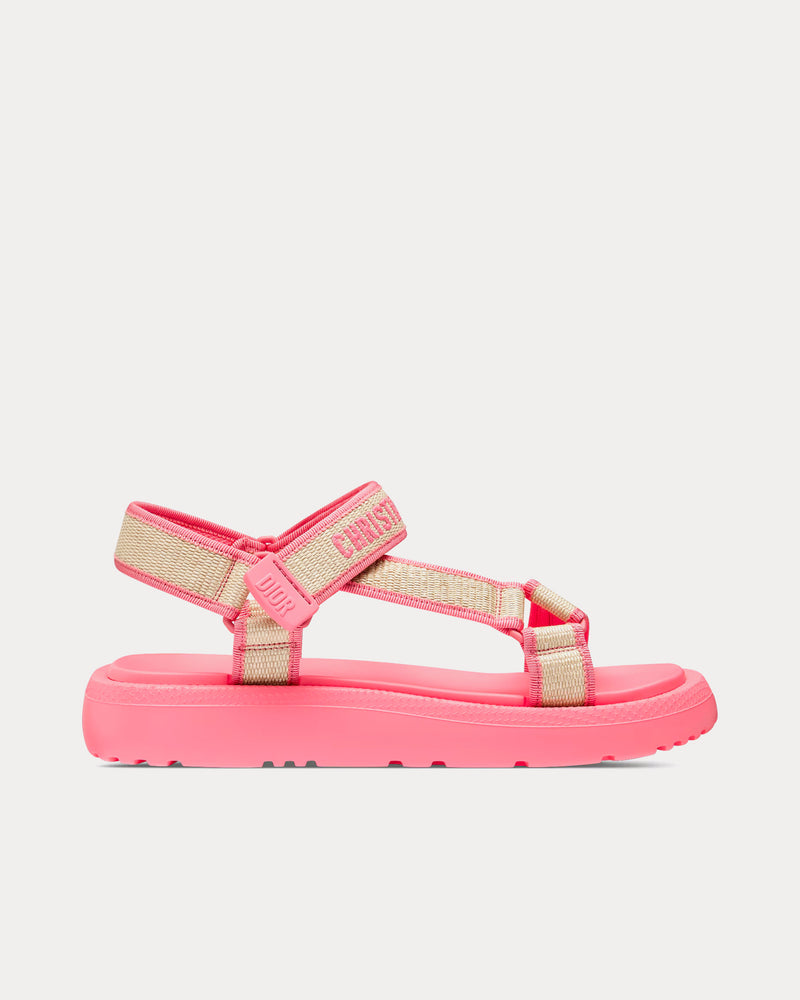 Dior Dioriviera D-Wave Natural Raffia and Candy Pink Embroidered Cotton Sandals - 1