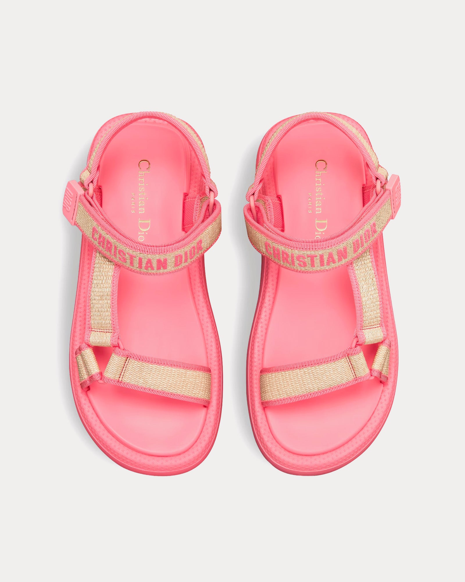 Dior Dioriviera D-Wave Natural Raffia and Candy Pink Embroidered Cotton Sandals - 3