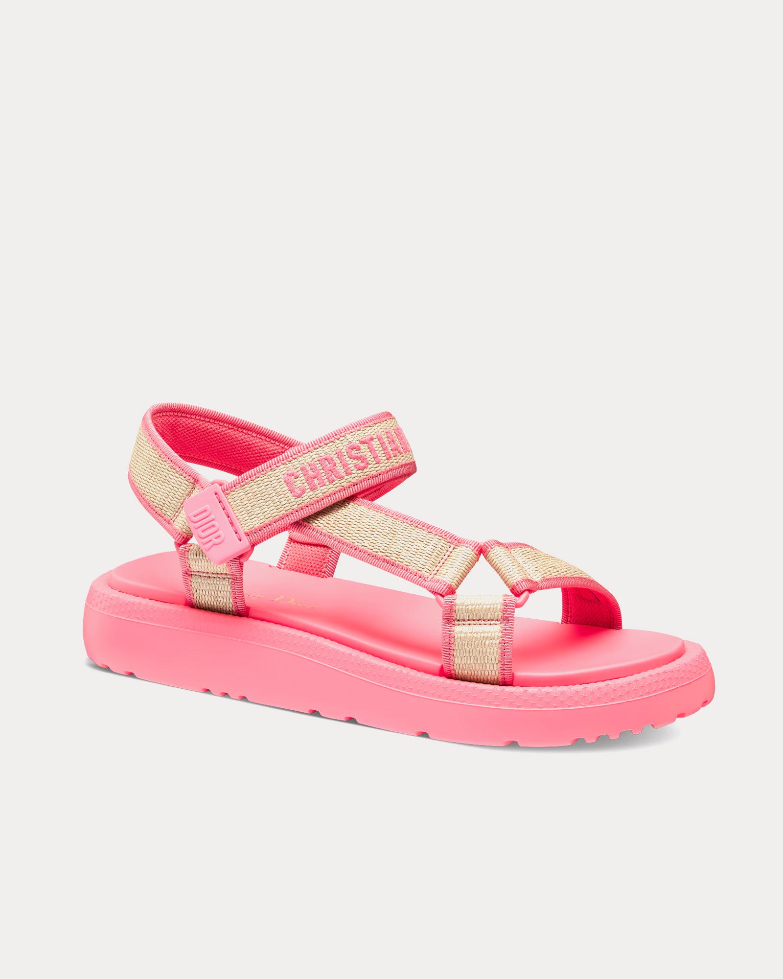 Dior Dioriviera D-Wave Natural Raffia and Candy Pink Embroidered Cotton Sandals - 4