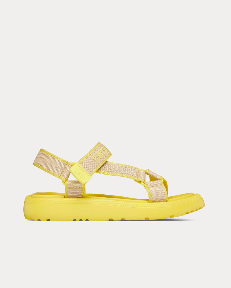 Dior Dioriviera D-Wave Natural Raffia and Lemon Yellow Embroidered Cotton Sandals - 1