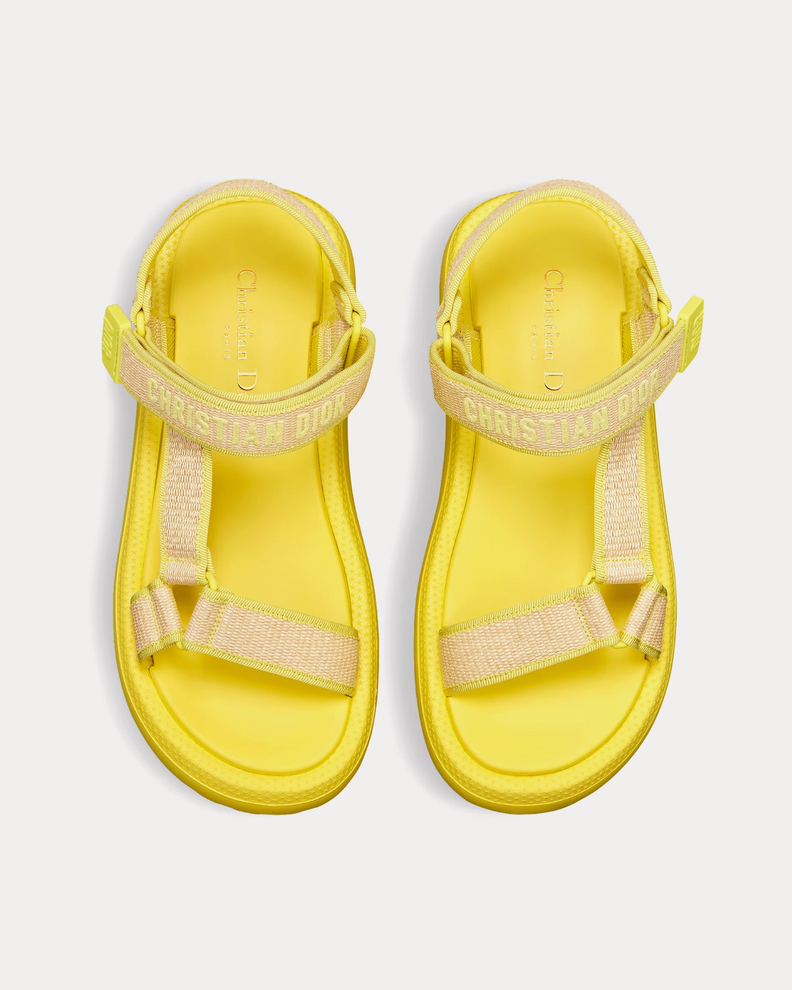 Dior Dioriviera D-Wave Natural Raffia and Lemon Yellow Embroidered Cotton Sandals - 2