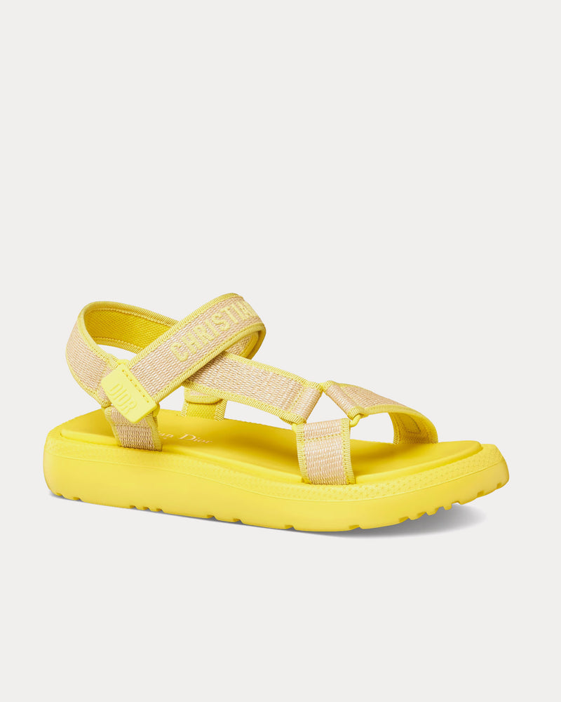 Dior Dioriviera D-Wave Natural Raffia and Lemon Yellow Embroidered Cotton Sandals - 3