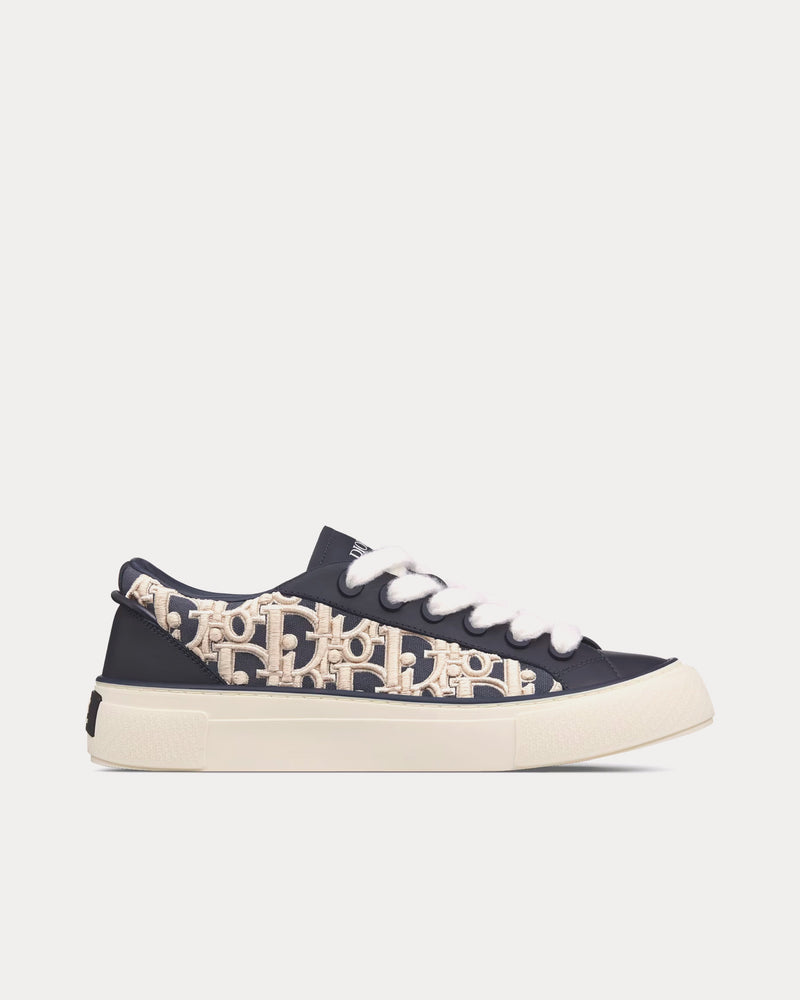 Dior B33 Navy Blue Smooth Calfskin and Cream Dior Oblique Raised Embroidery Low Top Sneakers - 1