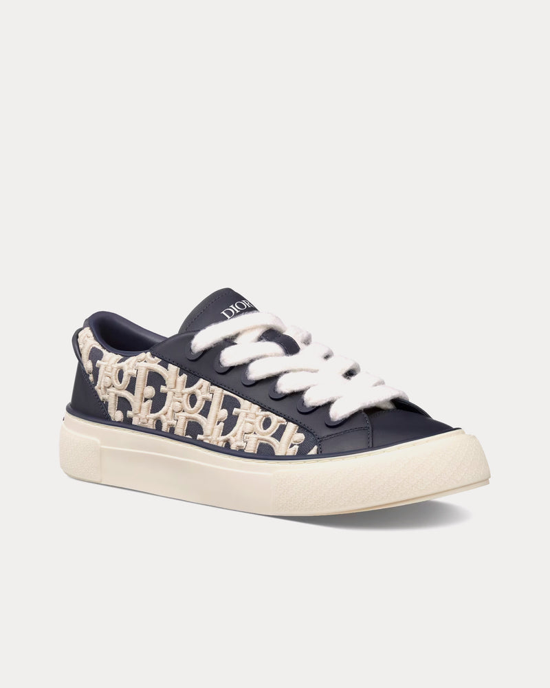 Dior B33 Navy Blue Smooth Calfskin and Cream Dior Oblique Raised Embroidery Low Top Sneakers - 3