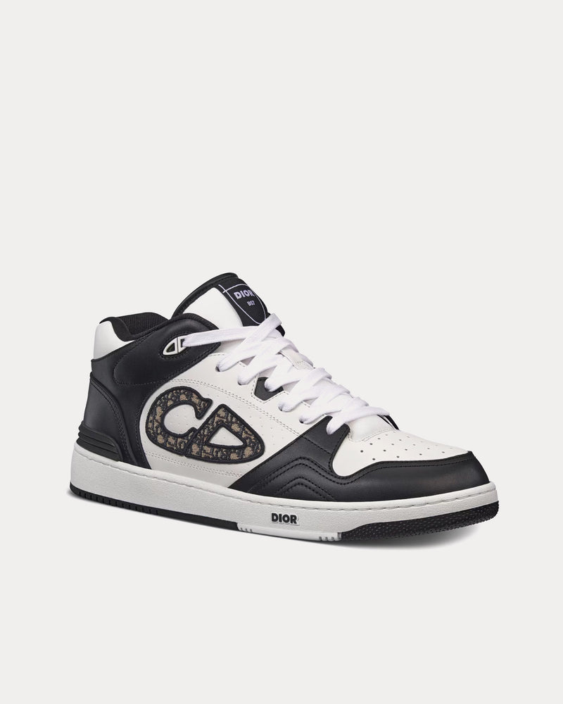 Dior B57 Black and White Smooth Calfskin with Beige and Black Dior Oblique Jacquard Mid Top Sneakers - 3