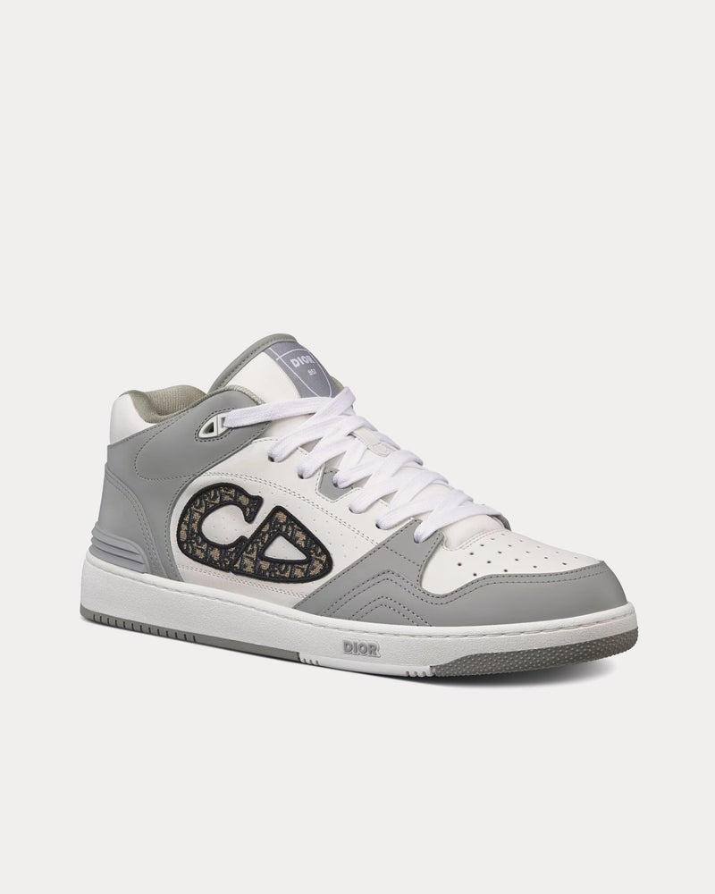 Dior B57 Gray and White Smooth Calfskin with Beige and Black Dior Oblique Jacquard Mid Top Sneakers - 3