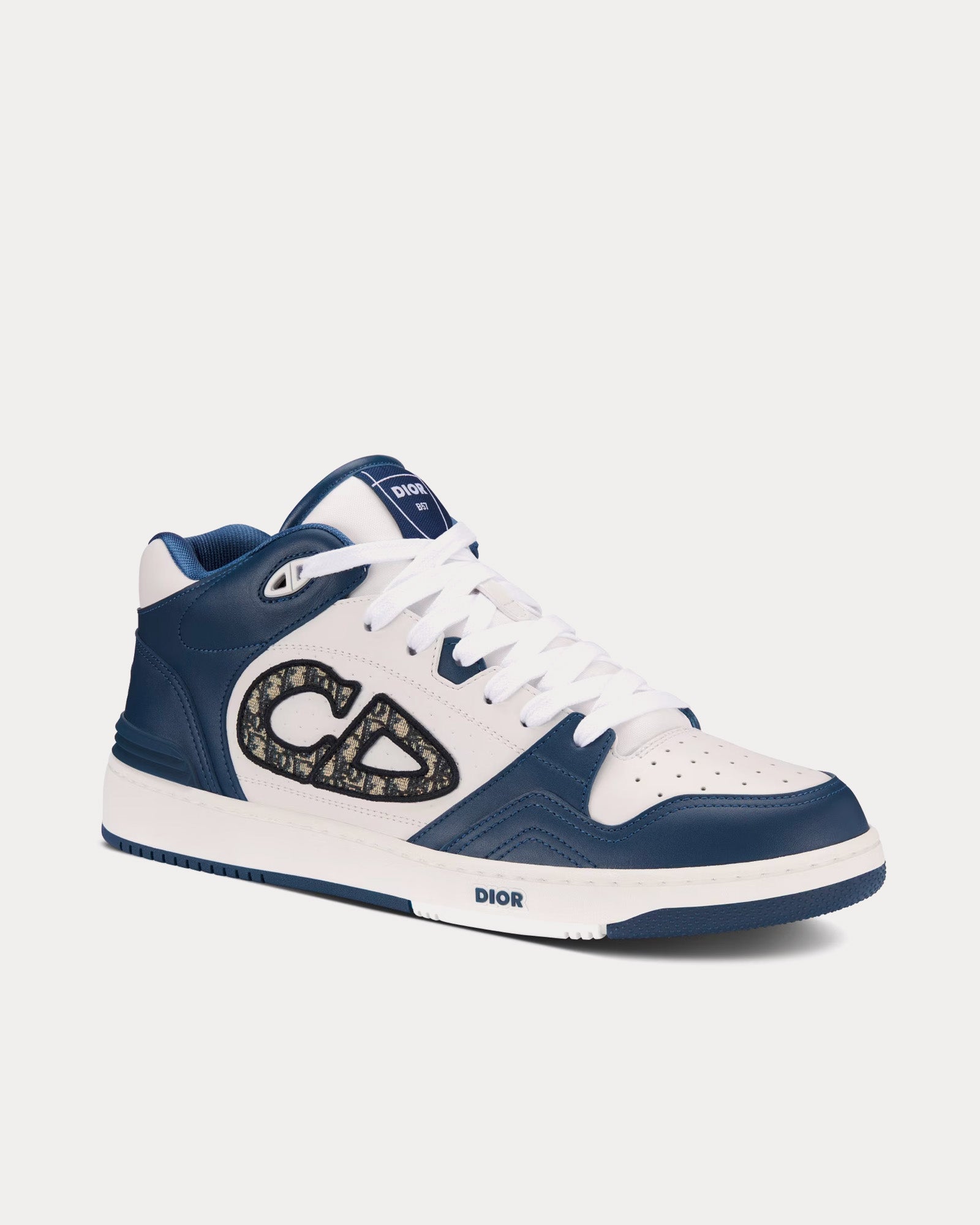 Dior B57 Navy Blue and White Smooth Calfskin with Beige and Black Dior Oblique Jacquard Mid Top Sneakers - 3