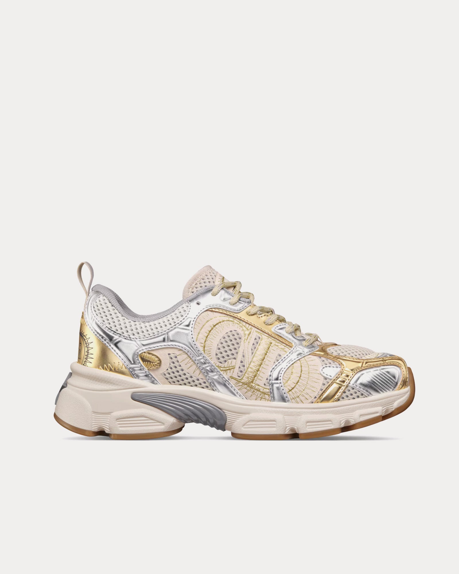 Dior Chrono Beige Mesh with Gold-Tone and Silver-Tone Laminated Leather-Effect Panels Low Top Sneakers - 1