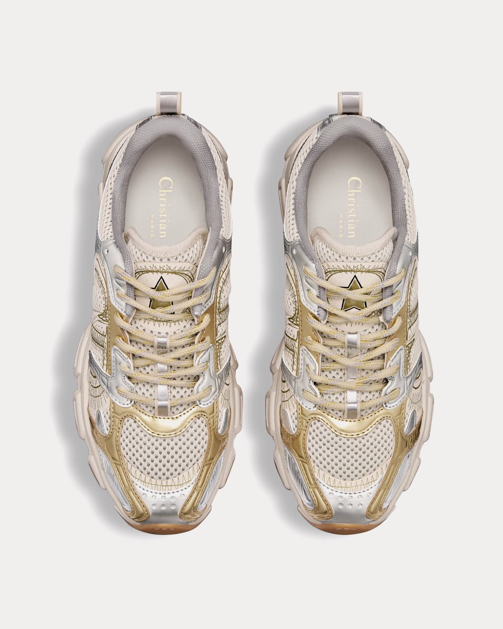 Dior Chrono Beige Mesh with Gold-Tone and Silver-Tone Laminated Leather-Effect Panels Low Top Sneakers - 2