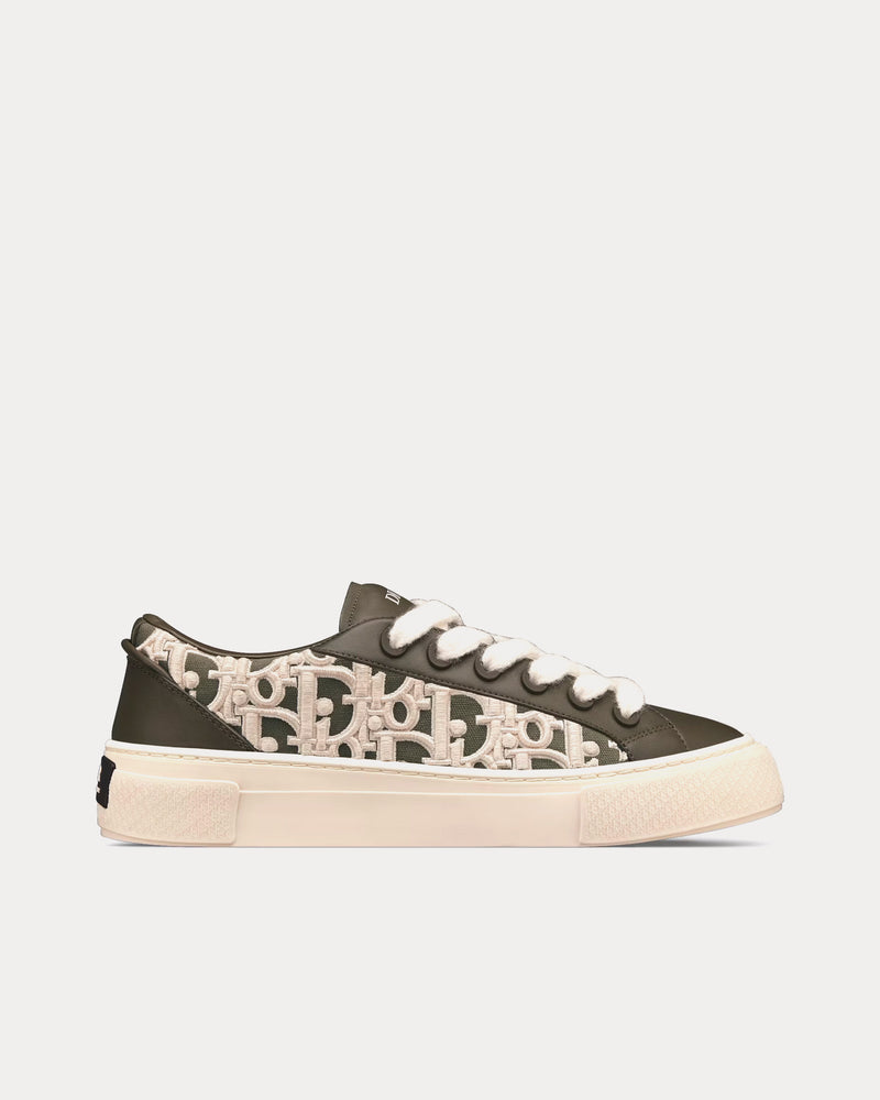 Dior B33 Khaki Smooth Calfskin and Cream Dior Oblique Raised Embroidery Low Top Sneakers - 1