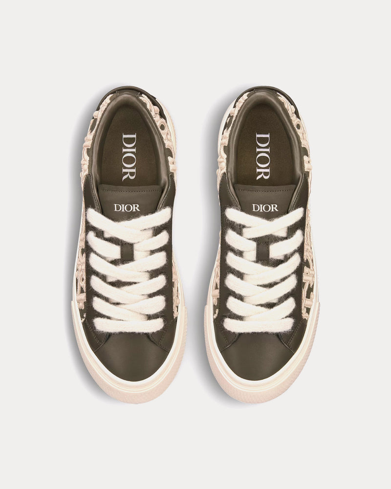 Dior B33 Khaki Smooth Calfskin and Cream Dior Oblique Raised Embroidery Low Top Sneakers - 2