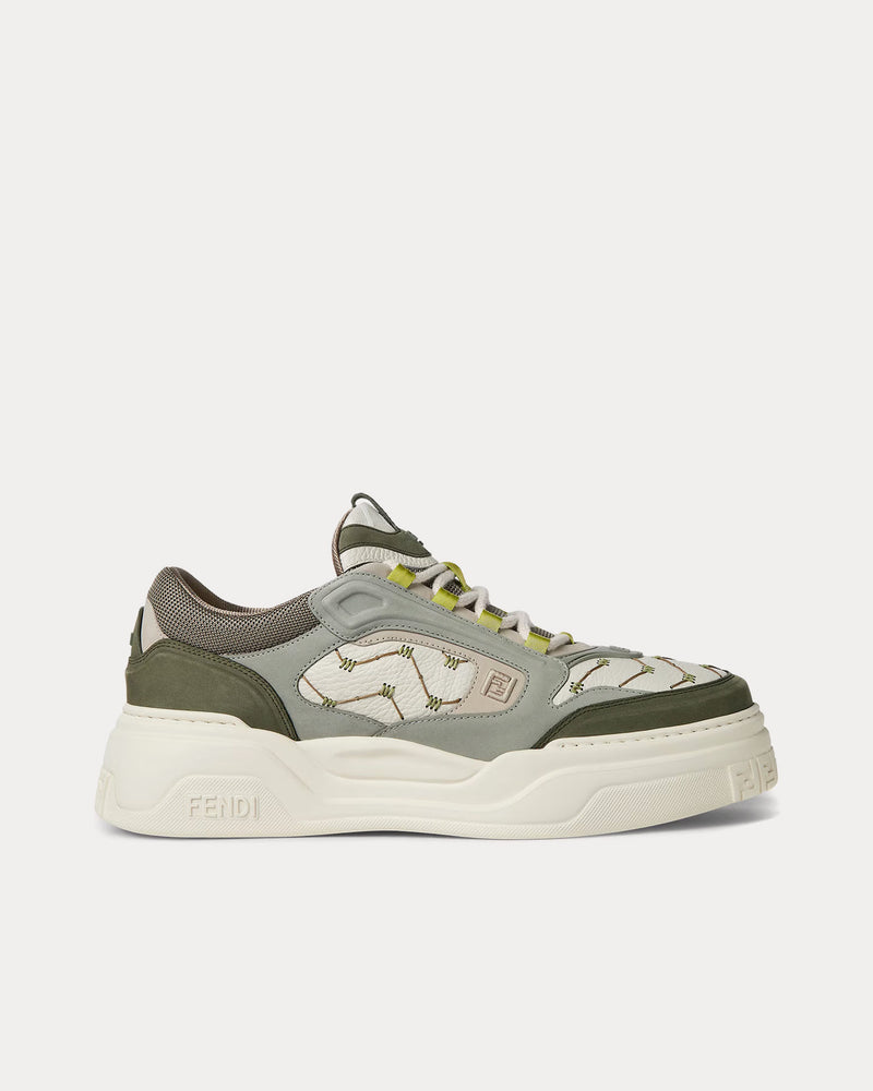 Fendi Force Leather & Nubuck White / Green Low Top Sneakers - 1