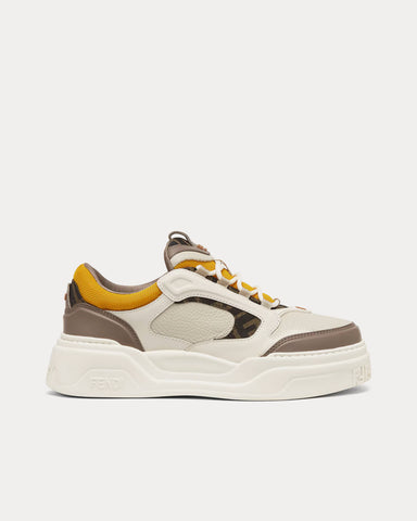 Fendi Force Leather White / Brown / Yellow Low Top Sneakers