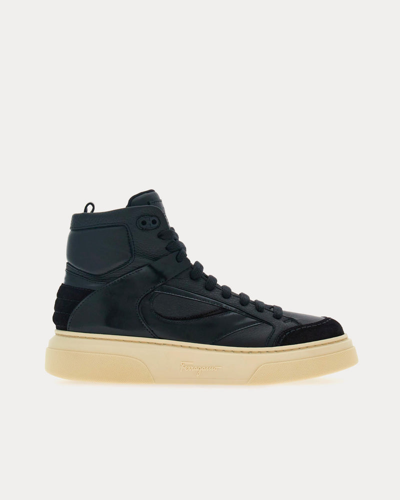 Ferragamo Cut Out Leather Black High Top Sneakers - 1