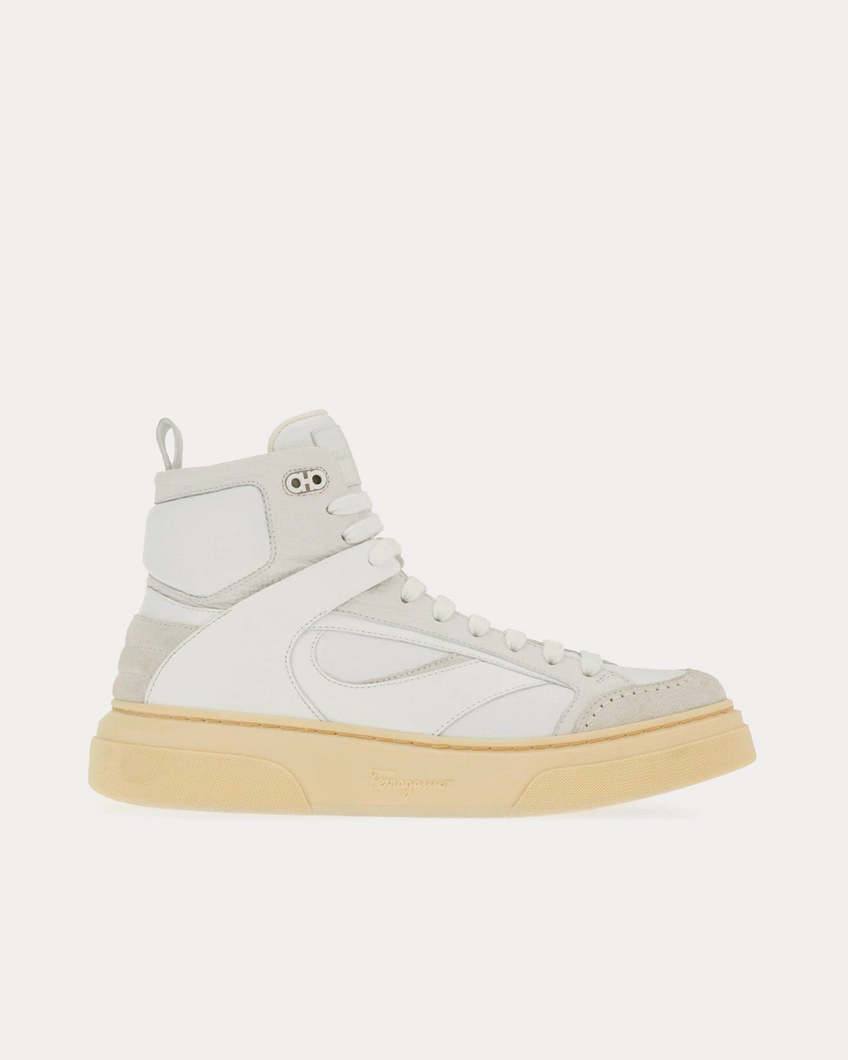 Ferragamo Cut Out Leather Optic White High Top Sneakers - 1