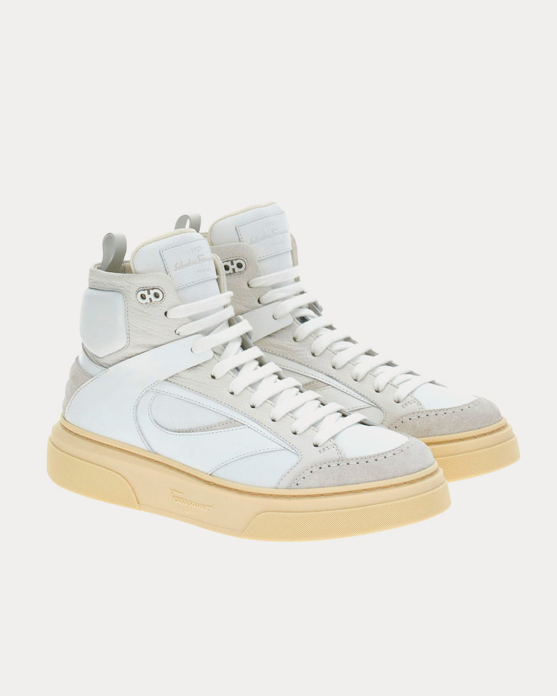 Ferragamo Cut Out Leather Optic White High Top Sneakers - 3