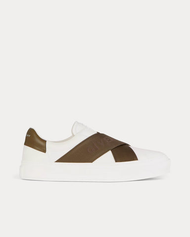 Givenchy City Sport Leather Double Webbing Strap White / Khaki Slip On Sneakers