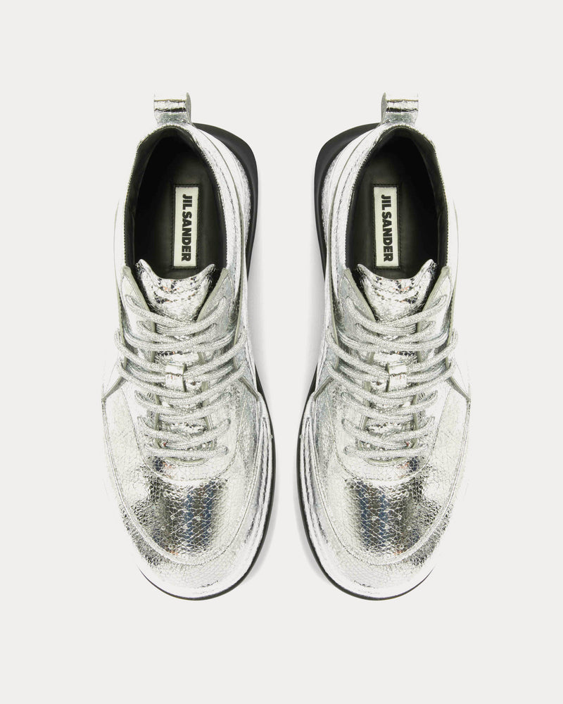 Jil Sander Orb Metallic Leather Silver Low Top Sneakers - 2