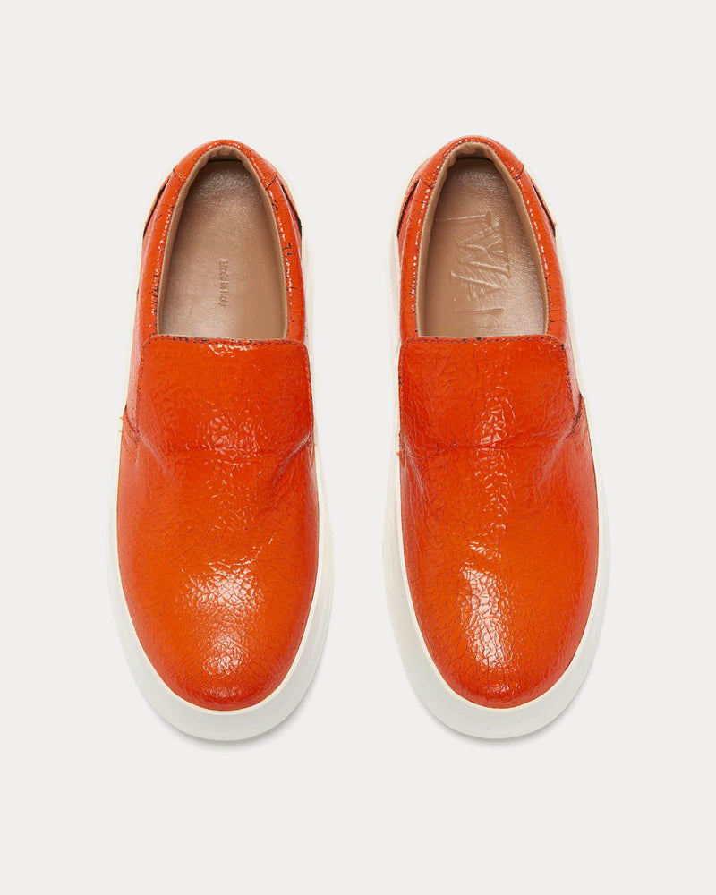 JW Anderson Cracked Leather Fluro Orange Slip On Sneakers - 2