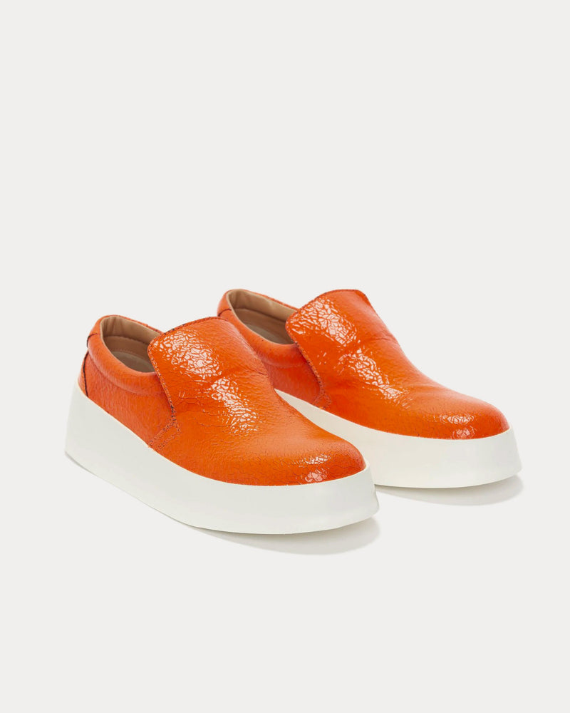 JW Anderson Cracked Leather Fluro Orange Slip On Sneakers - 3