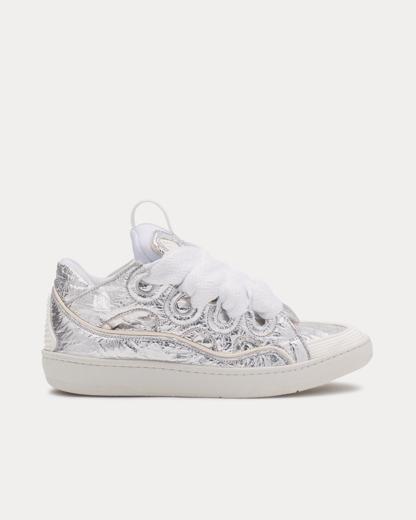 Lanvin Curb Crinkled Metallic Leather Silver Low Top Sneakers - 1