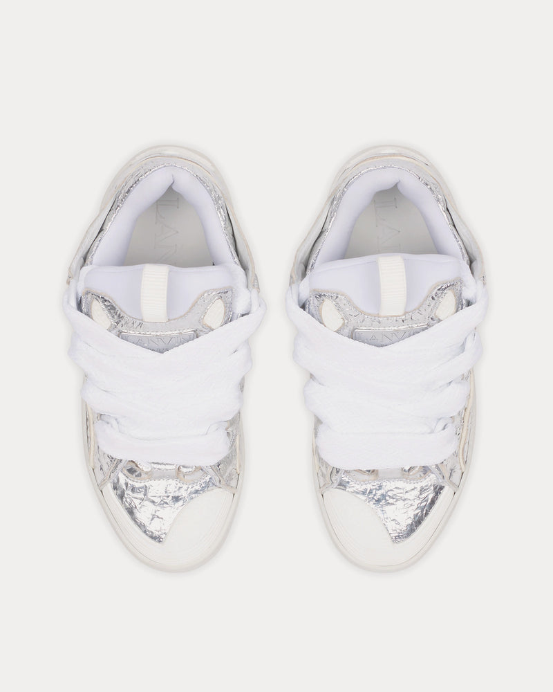 Lanvin Curb Crinkled Metallic Leather Silver Low Top Sneakers - 2