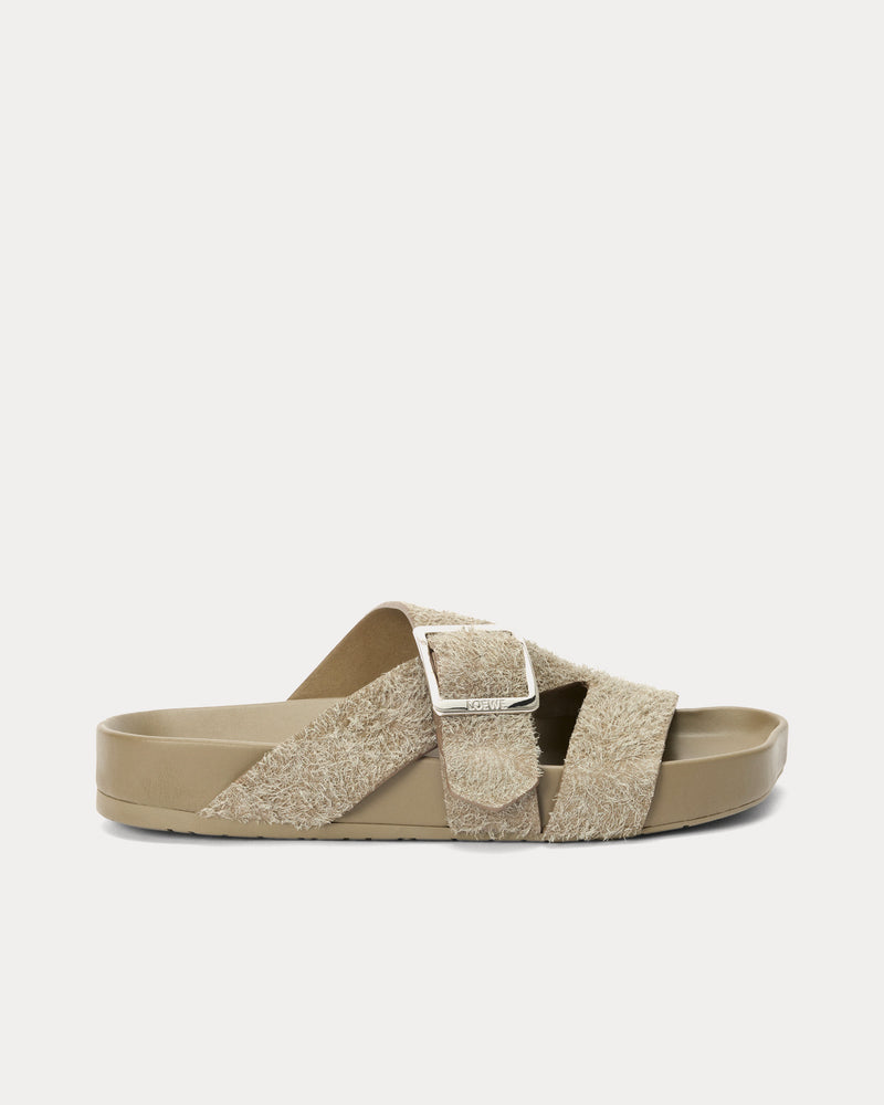 Loewe x Paula's Ibiza Ease Buckle Brushed Suede Khaki Green Slides - 1