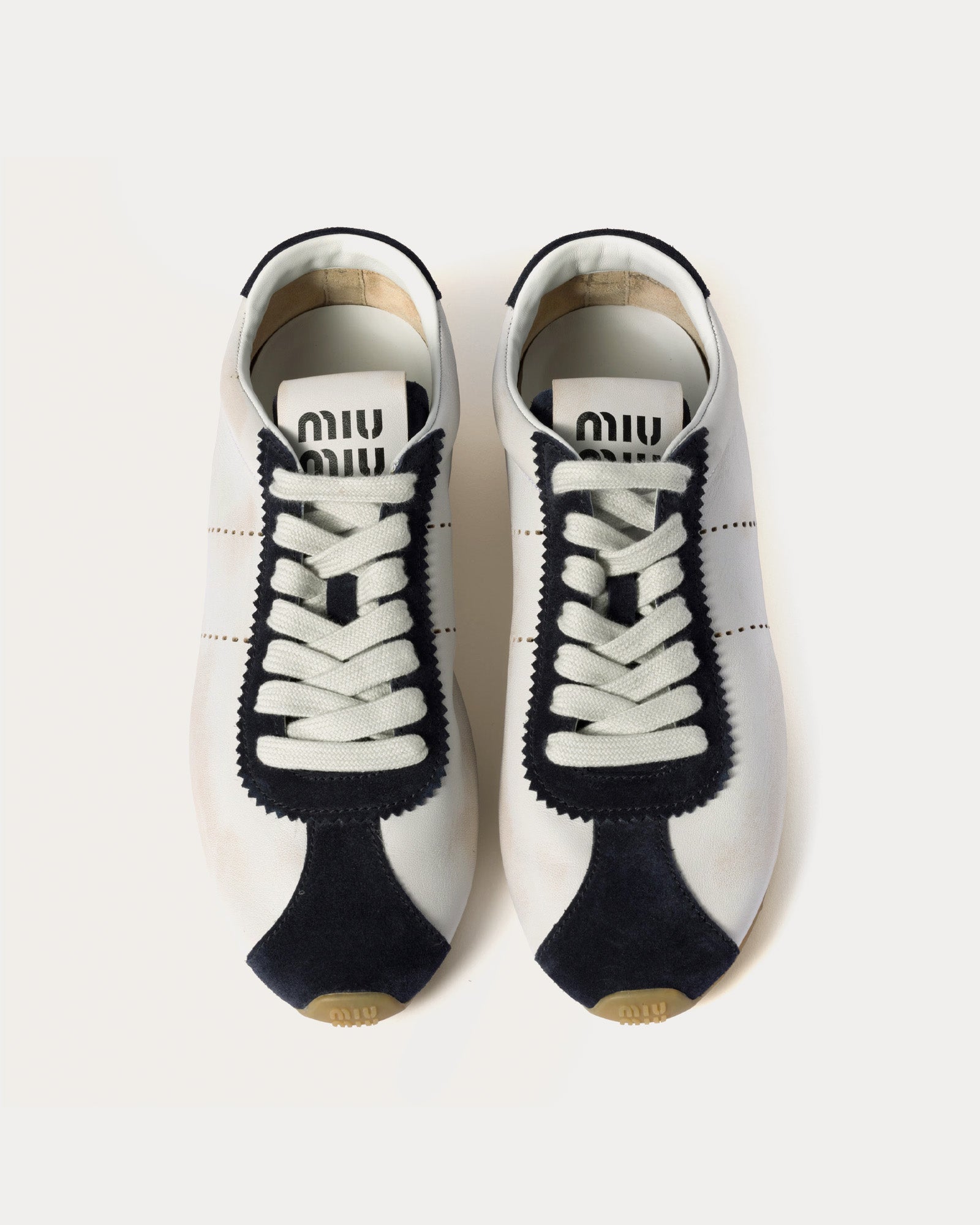 Miu Miu Plume Nappa Leather & Suede White / Blue Low Top Sneakers - 2