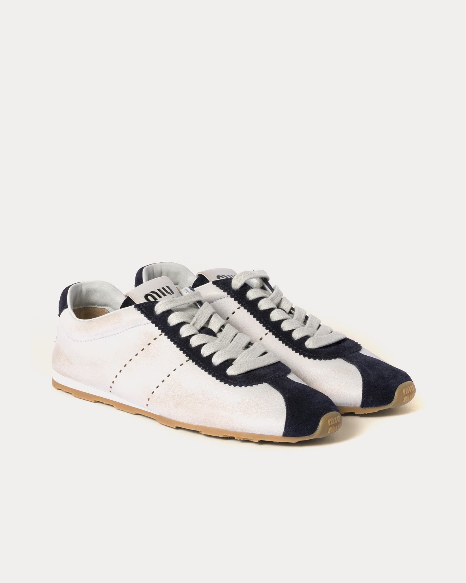 Miu Miu Plume Nappa Leather & Suede White / Blue Low Top Sneakers - 3