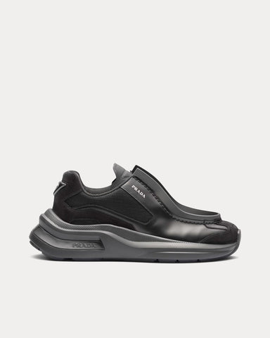 Prada Systeme Brushed Leather with Bike & Suede Elements Black Low Top Sneakers