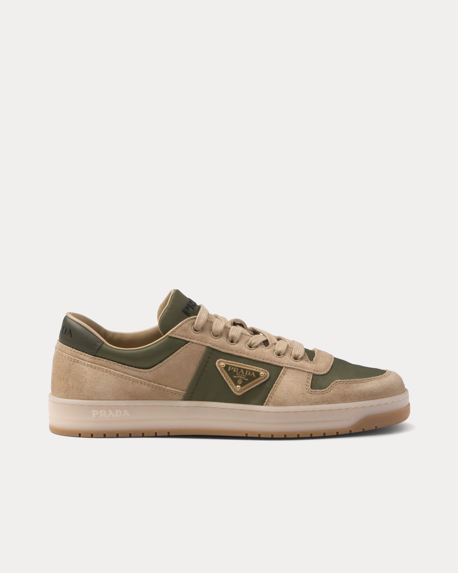 Prada Downtown Delavé Suede & Re-Nylon Ecru / Military Low Top Sneakers - 1