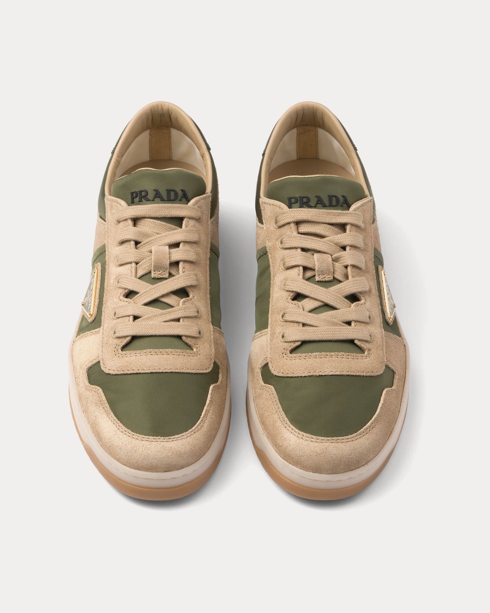 Prada Downtown Delavé Suede & Re-Nylon Ecru / Military Low Top Sneakers - 2