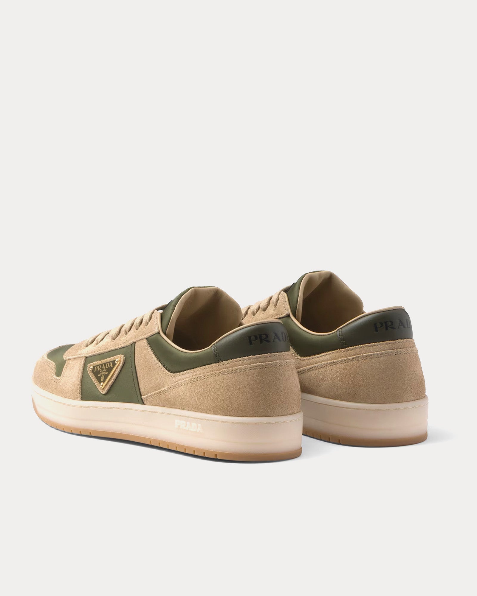 Prada Downtown Delavé Suede & Re-Nylon Ecru / Military Low Top Sneakers - 4